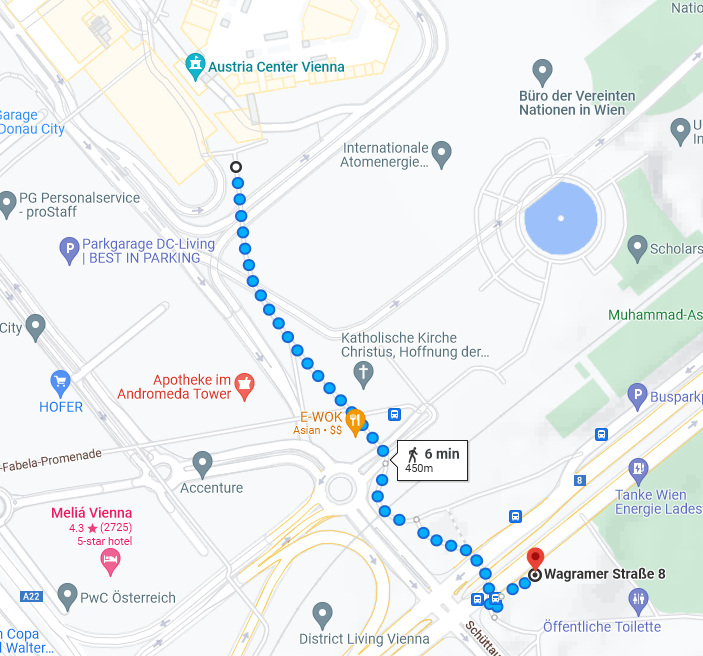 Fußweg vom Austria Center Vienna zum ARCOTEL Kaiserwasser, ca. 6 Minuten, 450 m